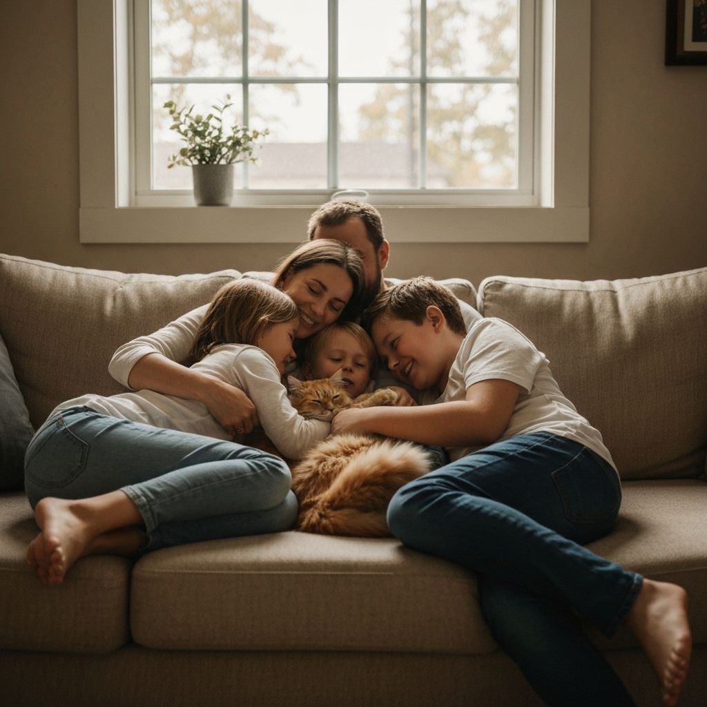 Family with adopted cat at home